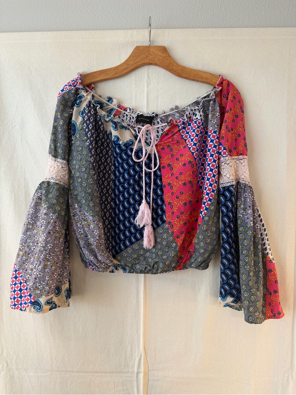 Boho Mixed-Print Tie-Front Crop Top in Multicolor